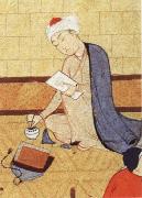 unknow artist Qays,the future Majnun,begins as a scribe to write his poem in honor of the theophany through Layli oil on canvas